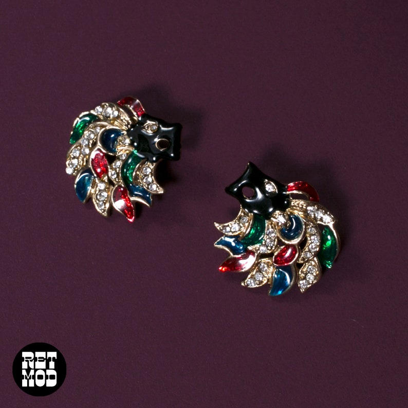Chic Vintage 80s 90s Black Lion Head Earrings with Rhinestones & Red, Green and Blue image 7