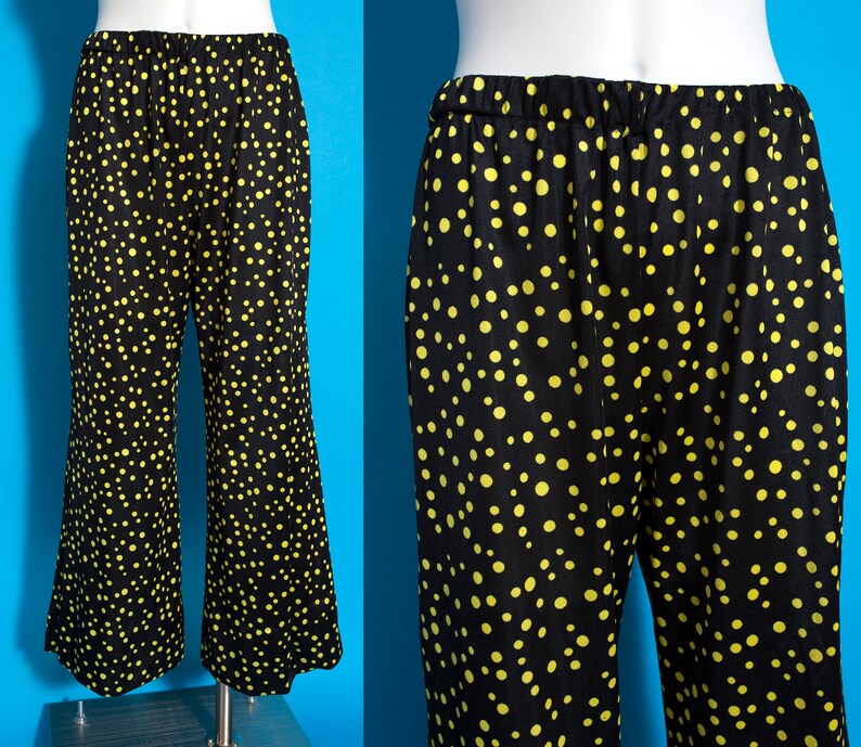 Slinky & Cool Vintage 60s 70s Black and Yellow Polka Dot 2-Piece Set of Pants and Tunic Top with Pussybow image 4