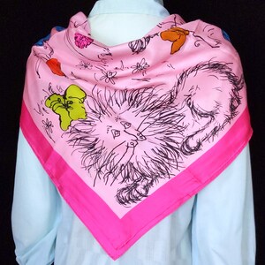 RARE Bright & Happy Lions Butterflies Vintage 60s 70s Pink Floral Square Scarf image 7