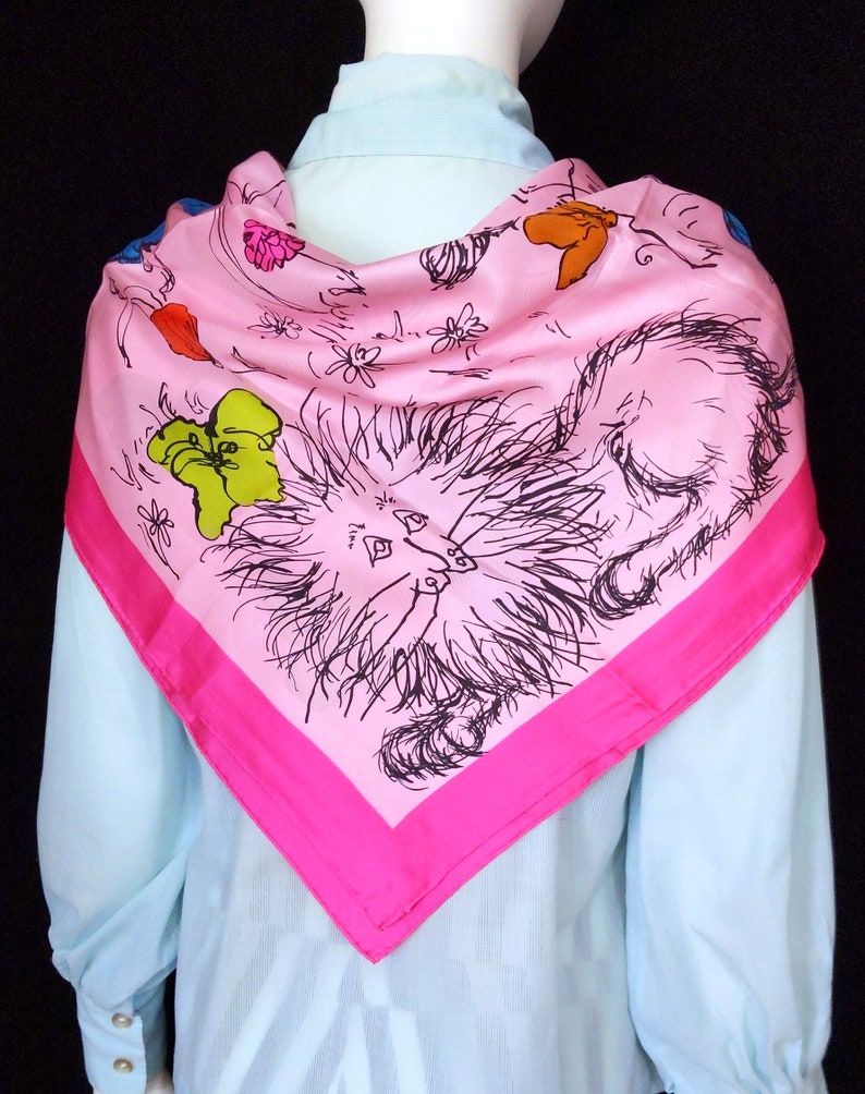 RARE Bright & Happy Lions Butterflies Vintage 60s 70s Pink Floral Square Scarf image 7