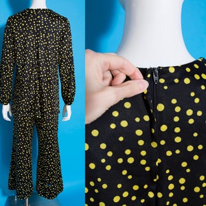 Slinky & Cool Vintage 60s 70s Black and Yellow Polka Dot 2-Piece Set of Pants and Tunic Top with Pussybow image 8