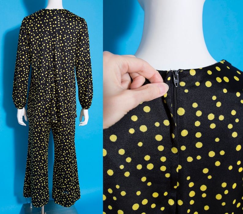 Slinky & Cool Vintage 60s 70s Black and Yellow Polka Dot 2-Piece Set of Pants and Tunic Top with Pussybow image 8