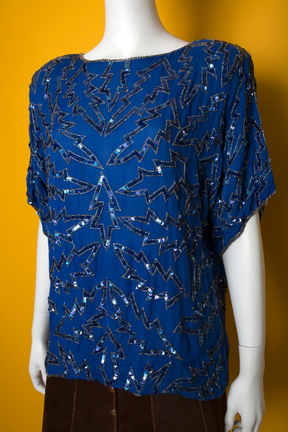 Cool Vintage 80s 90s Blue Geometric Pattern Sequi… - image 2