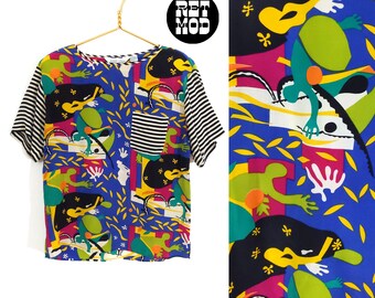 WOWZA Vintage 80s 90s Colorful Matisse Pop Art Silk Statement Blouse