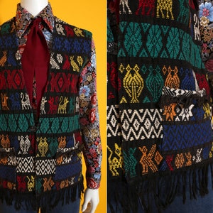 Nice Vintage 70s Black Rainbow Colorful Critters Woven Guatemalan Vest with Fringe image 6