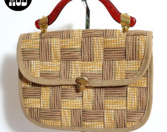 Fantastic Vintage 70s Brown Metallic Woven Strap Top Handle Purse