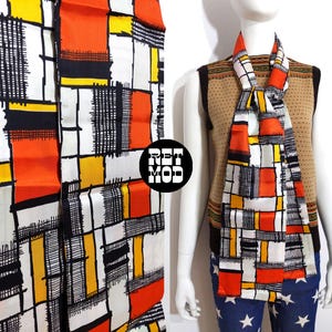 DEADSTOCK Beautiful Vintage 60s 70s Blue Orange White Black Flower Power Satin Scarf