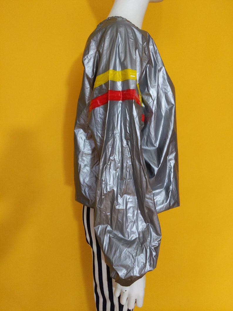 Rad Vintage 80s Gray Rain / Warm-Up Pullover Vinyl Jacket Top with Red Yellow Stripes image 7