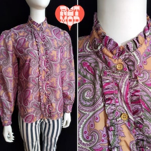 Lovely Vintage 60s 70s Purple Paisley Long Sleeve Ruffle Trim Blouse by The Villager