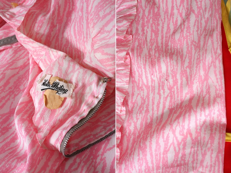 So Precious Vintage 60s 70s Pink /& White Brutalist Abstract Print Shift Dress with Huge Ruffle