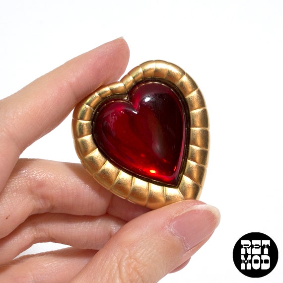 Sweet Vintage 80s 90s Red Gold Heart Statement Br… - image 1