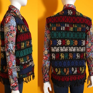 Nice Vintage 70s Black Rainbow Colorful Critters Woven Guatemalan Vest with Fringe image 9