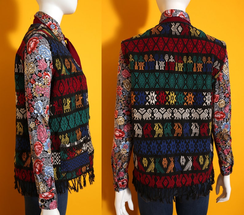 Nice Vintage 70s Black Rainbow Colorful Critters Woven Guatemalan Vest with Fringe image 9