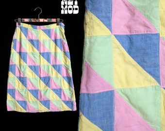 Pretty Vintage 70s Pastel Pink Blue Green Yellow Madras Patchwork Skirt