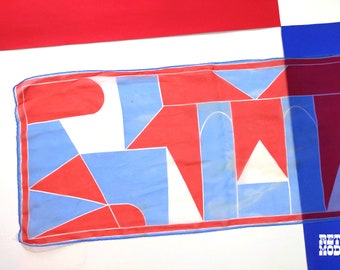 Geometric Vintage 60s 70s Red White Blue Sheer Long Scarf - AS IS