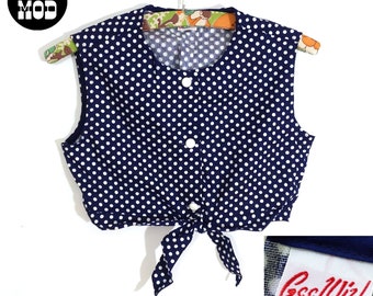 Adorable Vintage 60s Navy Blue & White Polka Dot Crop Top by Gee Wiz