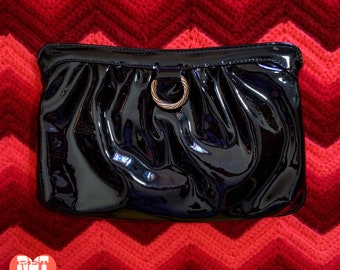 Fabulous Vintage 50s 60s Shiny Black Patent Leather Clutch Handbag with Metal Loops