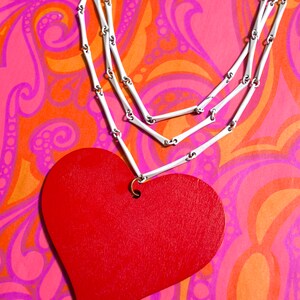 Groovy Vintage 60s 70s White Bar Chain Extra Long Necklace with Red Wood Heart Pendant image 9