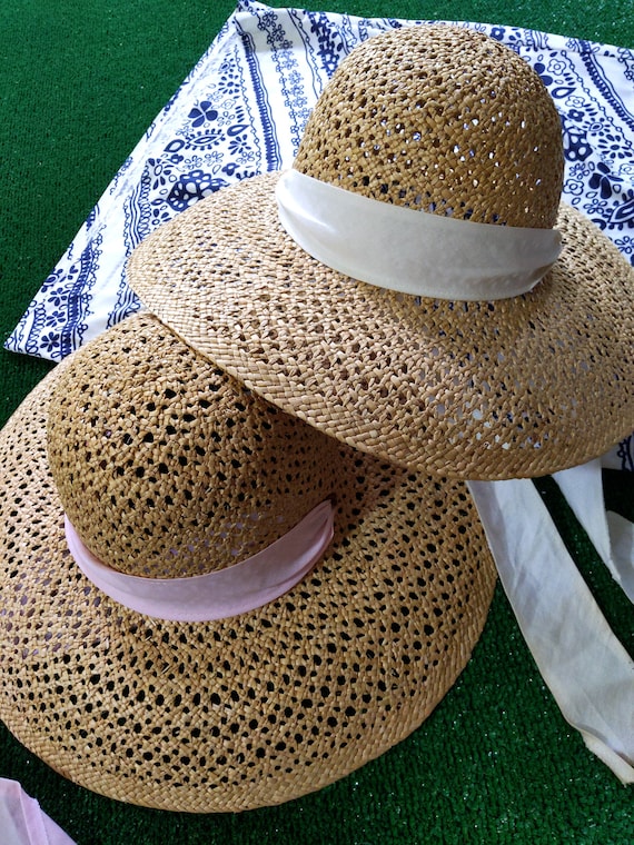 Vintage Raffia Straw Summer Hat with Neck Tie - W… - image 10