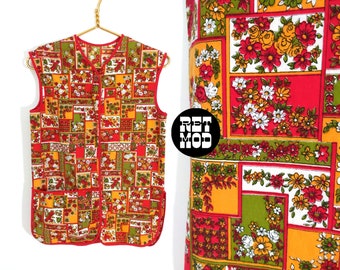 Top smocké en coton imprimé carrés de fleurs blanches or olive rouge des années 70 avec poche