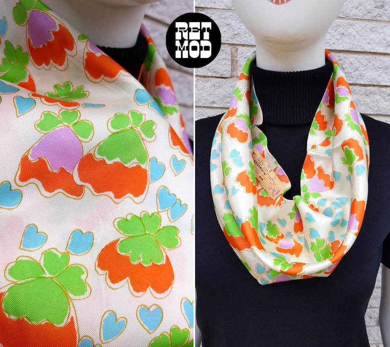 DEADSTOCK Cute Vintage 60s 70s Orange Green White Flower Infinity Scarf image 1