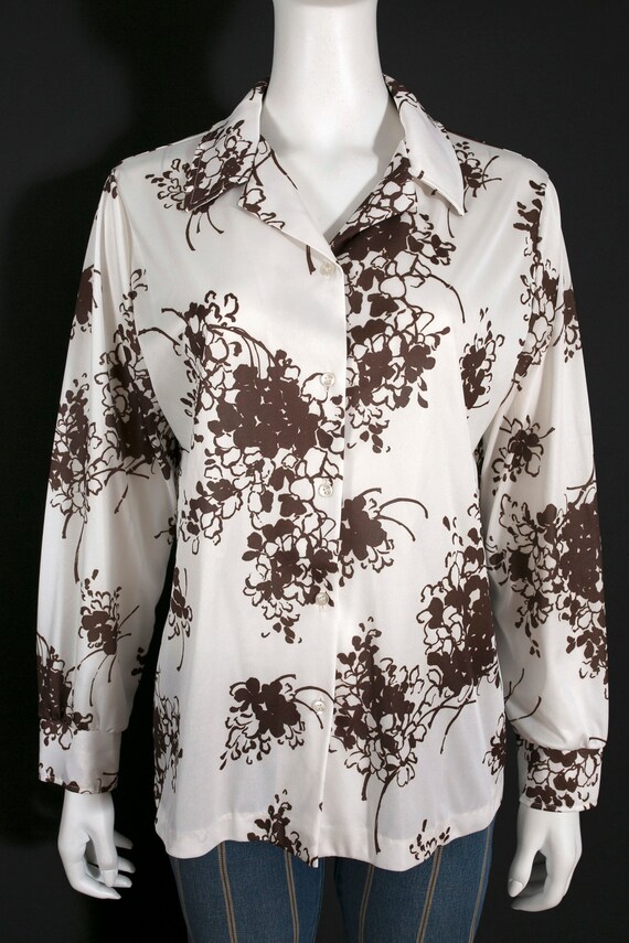 Lovely Vintage 60s 70s White Brown Floral Long Sl… - image 3