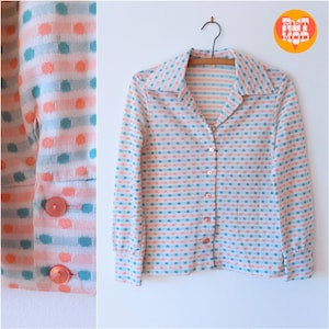 Cute Vintage 70s Long Sleeve Shirt with Pink and Mint Spots SIZE 12 image 1