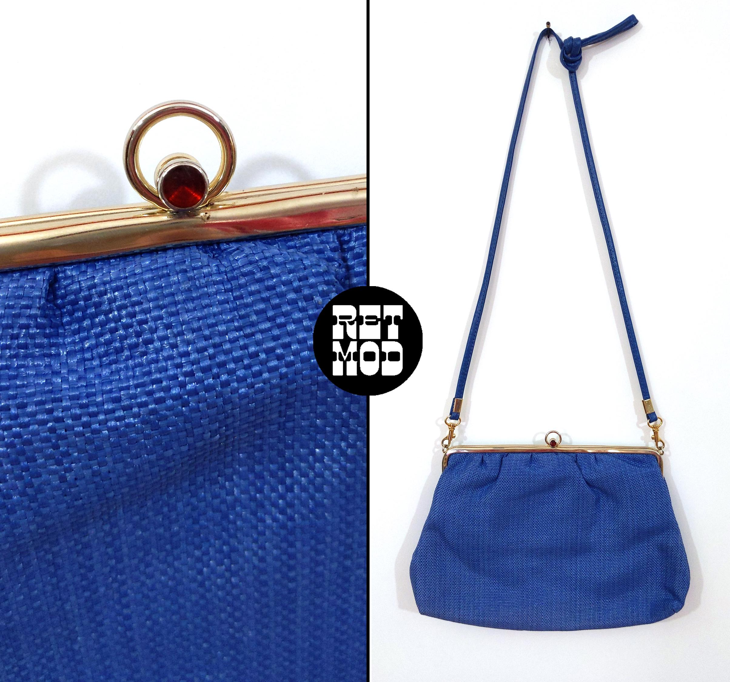 Chic Vintage 70s Blue Woven Raffia Purse / Clutch with Red Gem