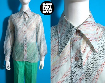 Chemise à col boutonné vintage unique, gris rouge, lignes géométriques abstraites des années 60 des années 70