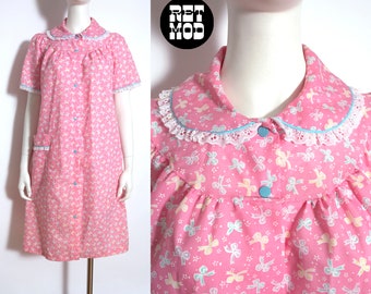 Pretty Vintage 80s Pink Bow Patterned Cotton Housecoat with Peter Pan Collar