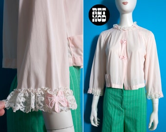 Pretty Vintage 60s Pastel Pink Night Shirt with Lace and Bow Appliqué