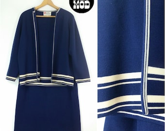 Smart Navy Blue and White Stripe Knit Skirt and Sweater Set - Vintage 60s Nautical Mod!