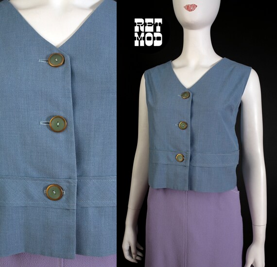 Vintage 60s 70s Blue Chambray Sleeveless Top Vest