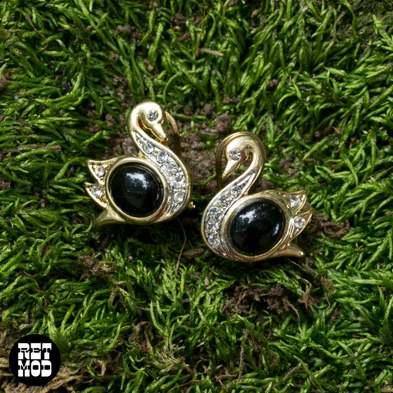 Adorable Vintage 80s 90s Gold & Black Rhinestone Swan Bird Earrings image 1