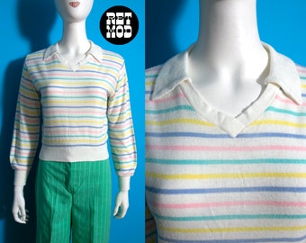 Soft & Adorable Vintage 70s 80s Pastel Rainbow Stripe Collared Knit Top