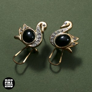 Adorable Vintage 80s 90s Gold & Black Rhinestone Swan Bird Earrings image 4