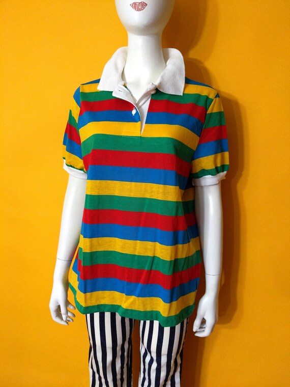 Bright Vintage 70s Colorful Stripe Polo Shirt by … - image 6