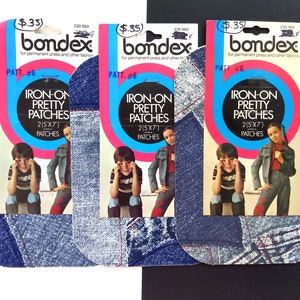 May include: Three vintage Bondex iron-on patches for denim. Each package features a denim patch with a picture of children wearing denim outfits. The packages have the text "IRON-ON PRETTY PATCHES" and measure 2 x 7 inches.