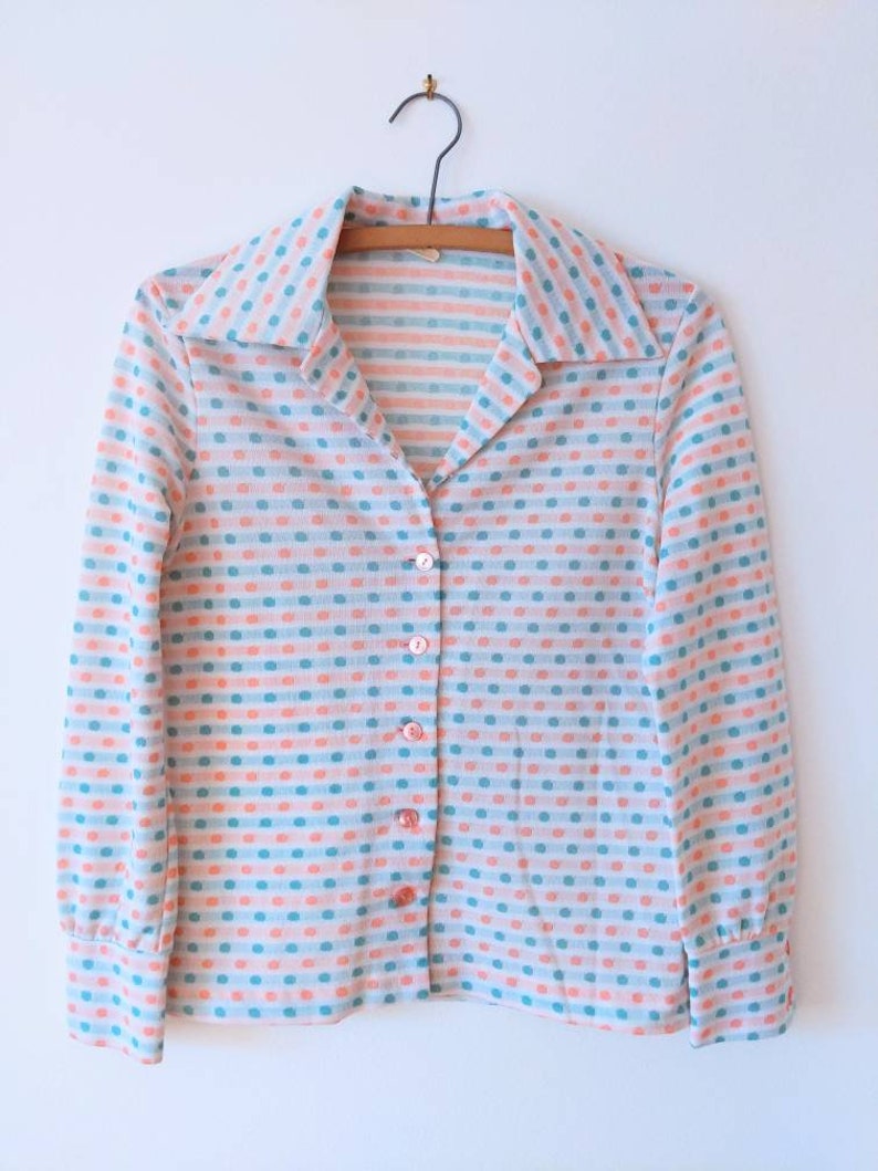 Cute Vintage 70s Long Sleeve Shirt with Pink and Mint Spots SIZE 12 image 3