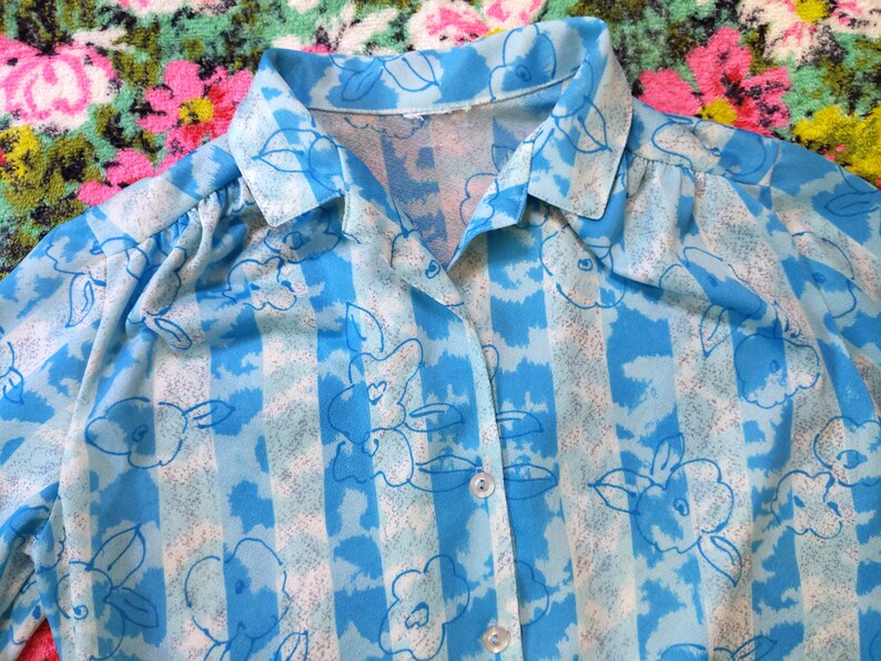 Vintage 70s 80s Pretty Blue Floral Stripe Print Blouse image 6