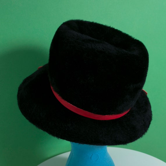 Mod Vintage 60s 70s Black Fur Bucket Hat with Red… - image 7