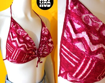 Sassy Vintage 50s 60s Dark Pink Tiki Vibes Cotton Bikini Halter Top