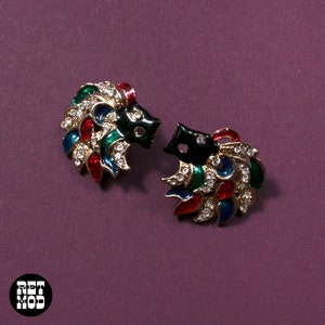 Chic Vintage 80s 90s Black Lion Head Earrings with Rhinestones & Red, Green and Blue image 3