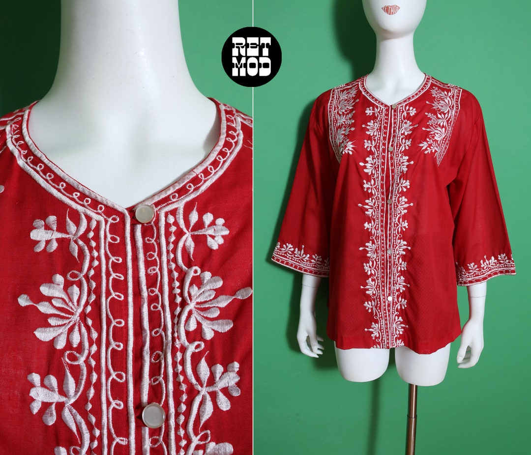 vintage maroon organic embroidery blouse ,,, /XL ^^^ main image 0