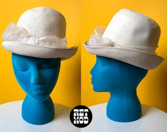 Sassy Vintage 60s White Raffia Mod Bow High Crown Hat