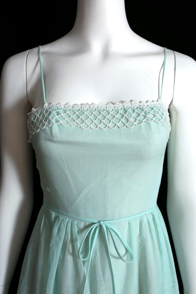 Lovely Vintage 70s Light Minty Green Cotton Maxi Dress with Pretty White Trim image 5