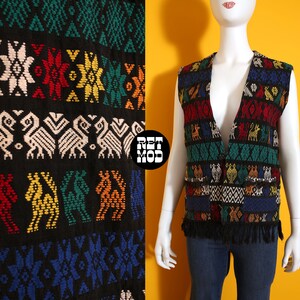 Nice Vintage 70s Black Rainbow Colorful Critters Woven Guatemalan Vest with Fringe image 1