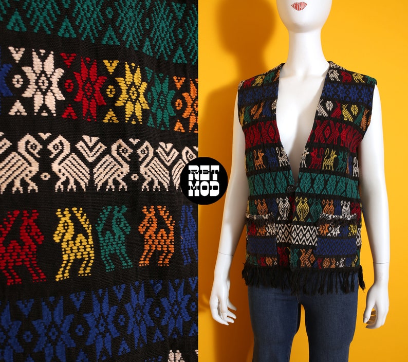 Nice Vintage 70s Black Rainbow Colorful Critters Woven Guatemalan Vest with Fringe image 1