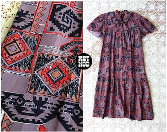 Incredibly Unique Vintage 60s 70s Purple Red Black Southwestern Patterned Ruffle Dress