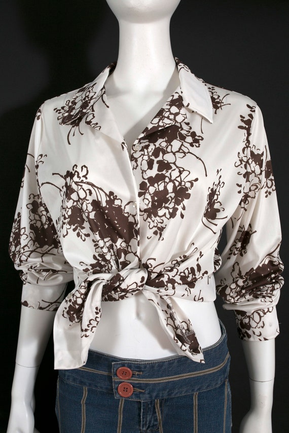 Lovely Vintage 60s 70s White Brown Floral Long Sl… - image 10